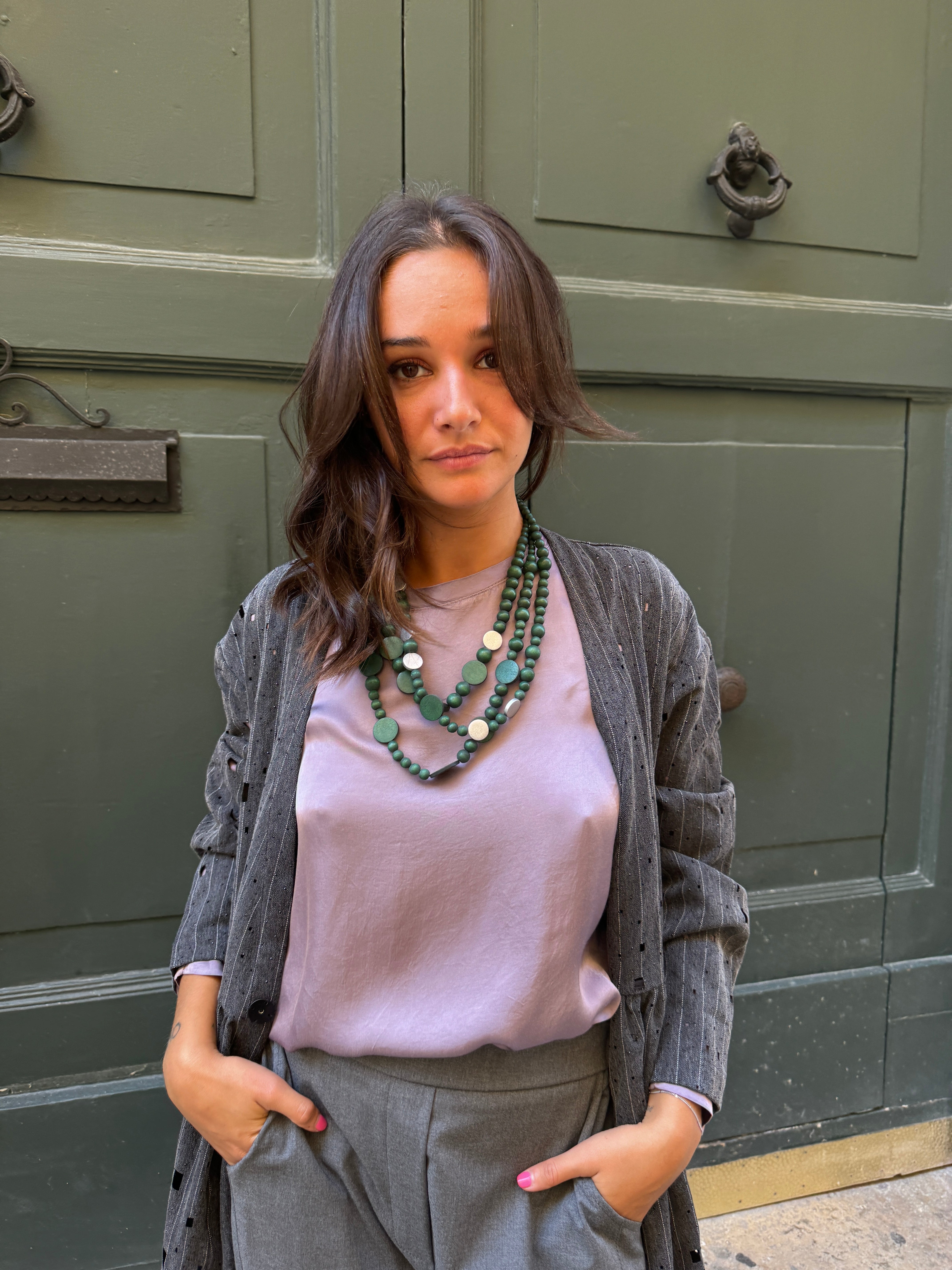 Collana Lunga In Legno Con Stampa Animalier - Verde E Nero - 80 Cm - Elegante E Casual