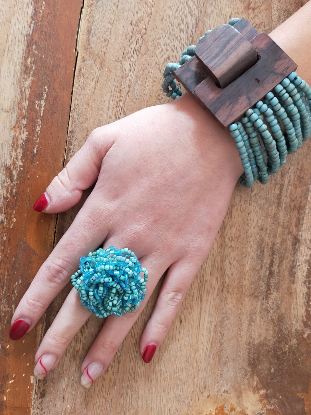 Anello Perline Fiore-celeste-Bijondo