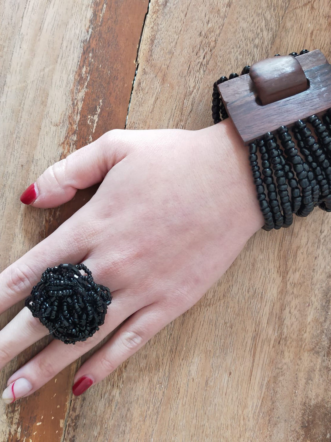 Anello Perline Fiore-nero-Bijondo