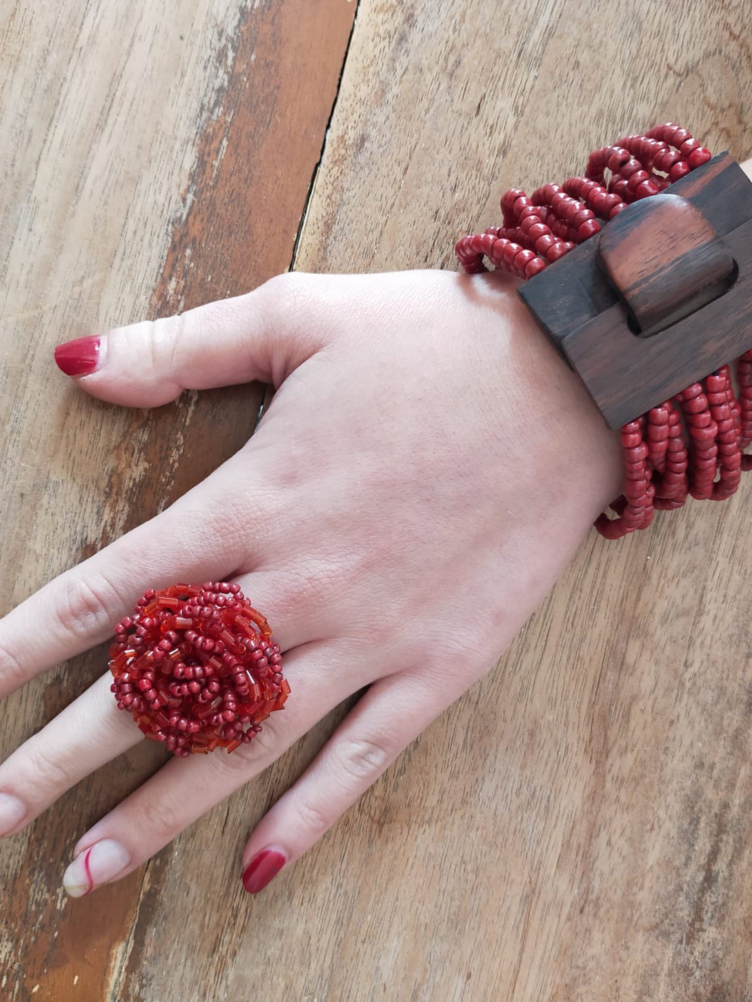 Anello Perline Fiore-rosso-Bijondo