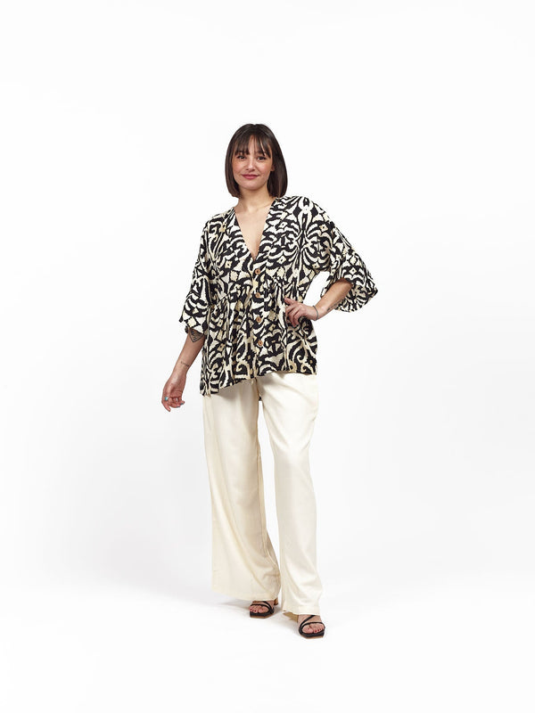 Blusa camicia seta bottoni volant Berenice - nero - Bijondo