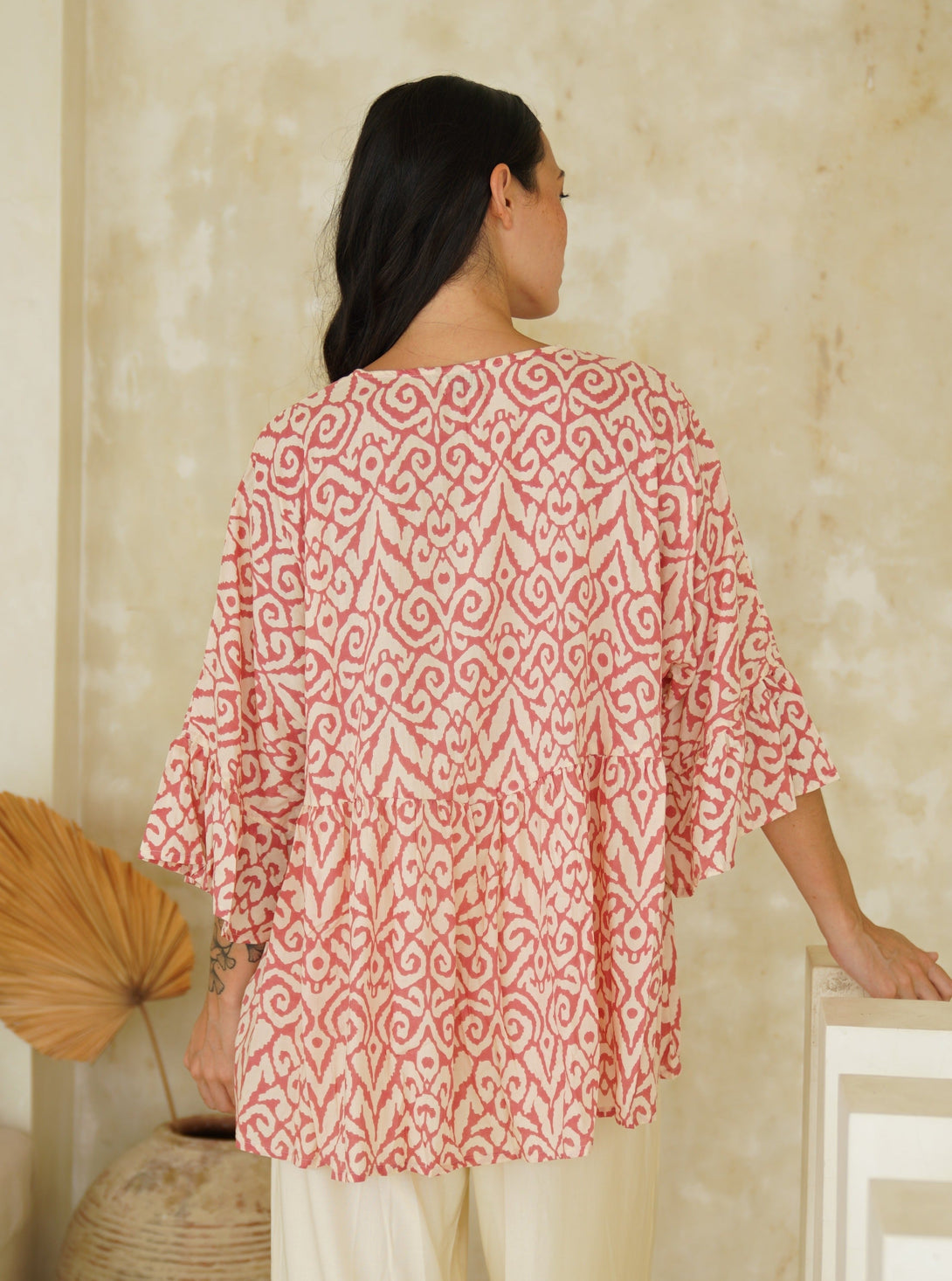 Blusa camicia viscosa bottoni volant Tina-corallo-Bijondo