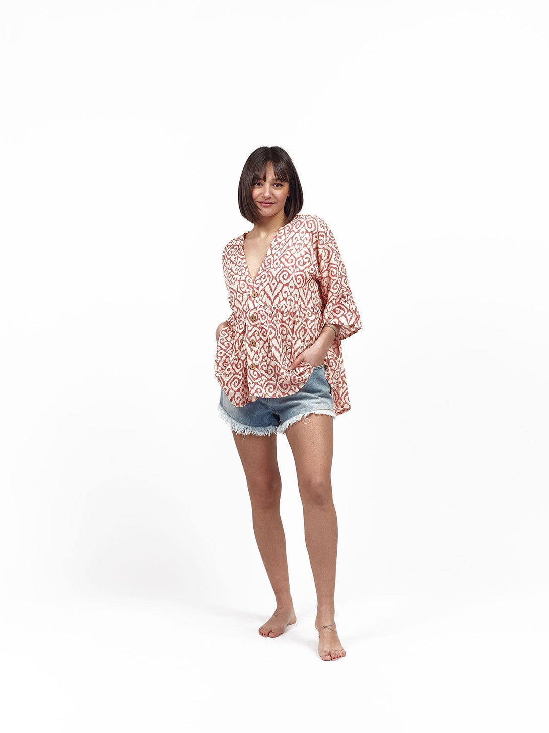 Blusa camicia viscosa bottoni volant Tina - corallo - Bijondo