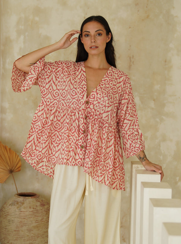 Blusa camicia viscosa bottoni volant Tina-corallo-Bijondo