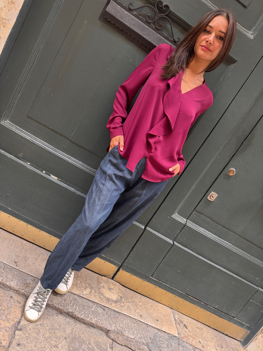 Blusa con scollo a V rouches Nelly-camicia-Bijondo-Bijondo