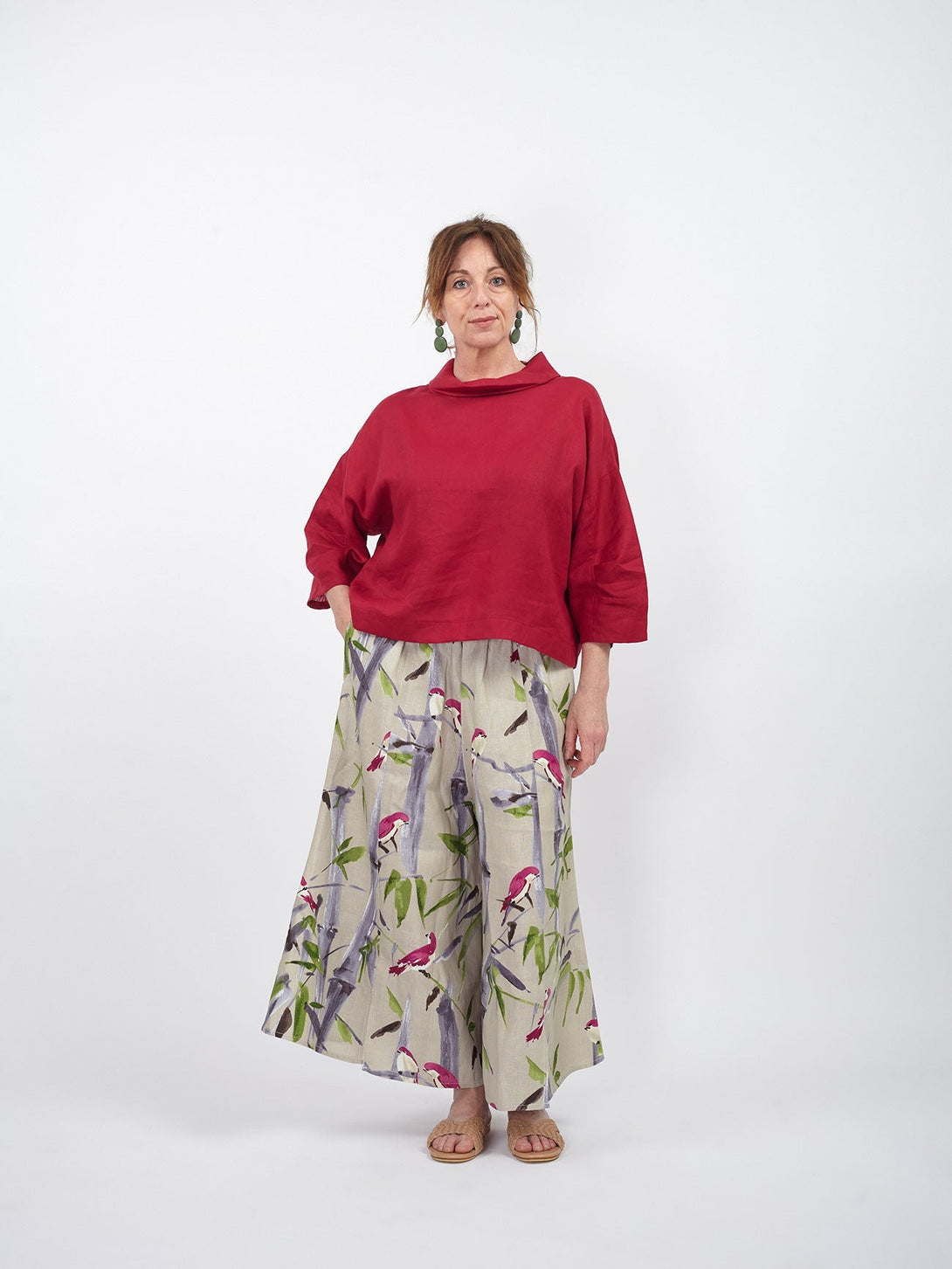 Blusa in lino collo morbido Ornella-rosso ciliegia-Bijondo