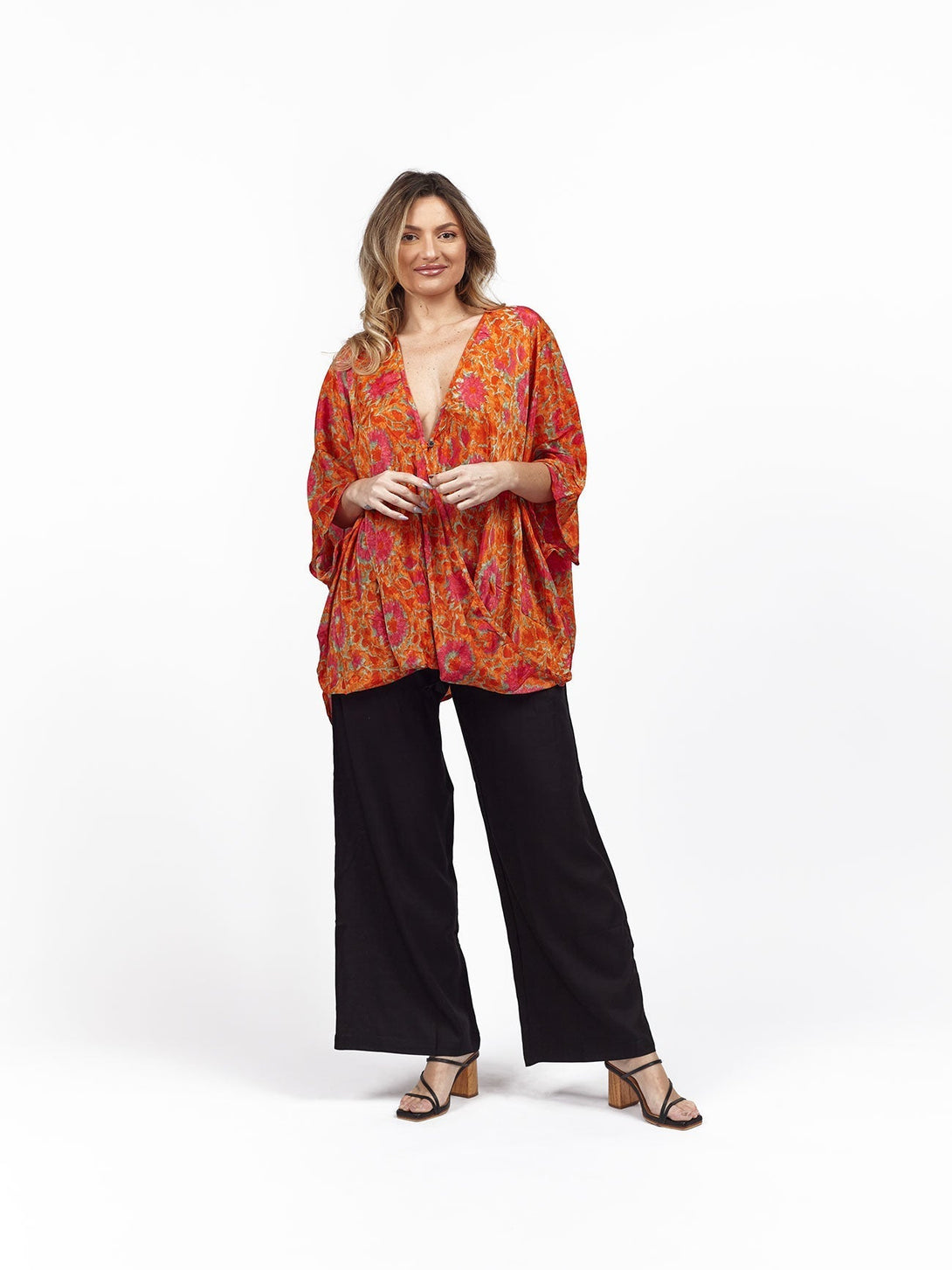 Blusa over seta manica pipistrello Celine - arancione - Bijondo