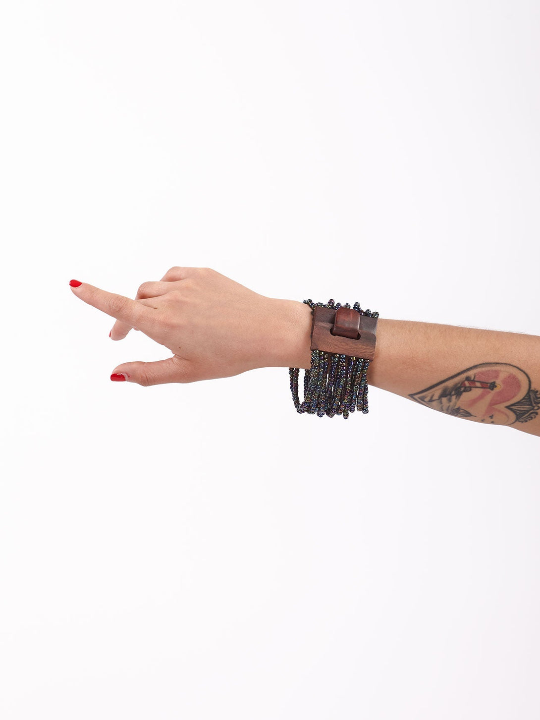 Bracciale Fibbia legno e perline di vetro elasticizzato-cangiante-Bijondo