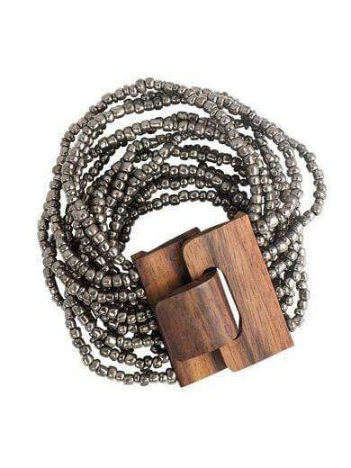 Bracciale Fibbia, legno e perline di vetro, elasticizzato - argento - Bijondo