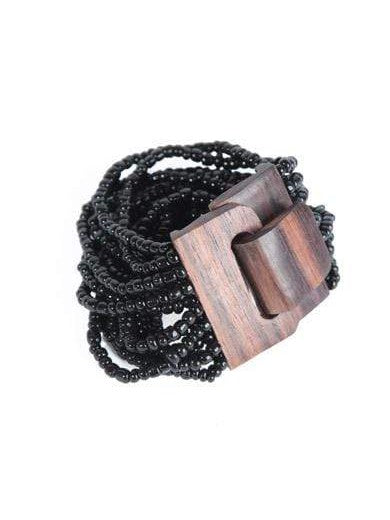 Bracciale Fibbia, legno e perline di vetro, elasticizzato - nero - Bijondo