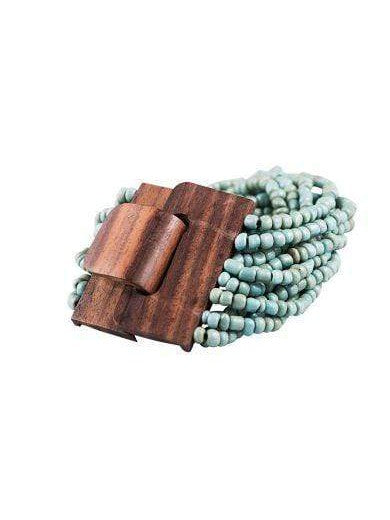 Bracciale Fibbia, legno e perline di vetro, elasticizzato - celeste - Bijondo