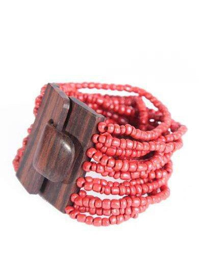 Bracciale Fibbia, legno e perline di vetro, elasticizzato - rosso - Bijondo