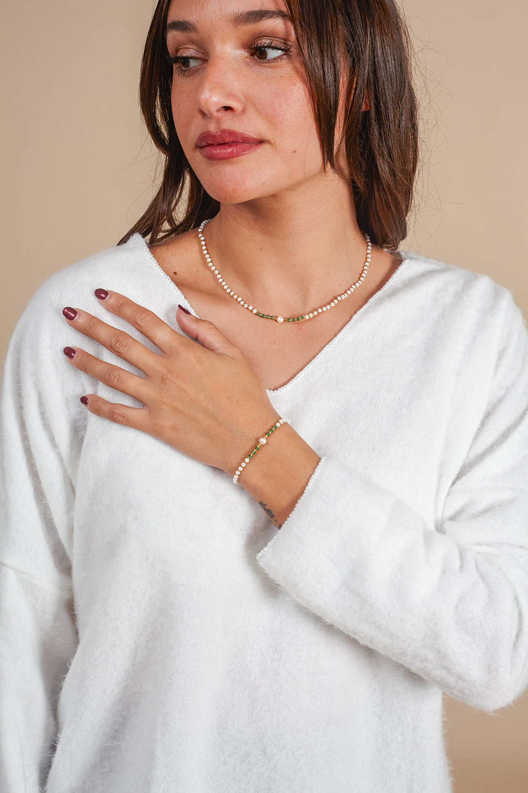 Bracciale Perla con perline di vetro-collana-Bijondo-Salvia-Bijondo