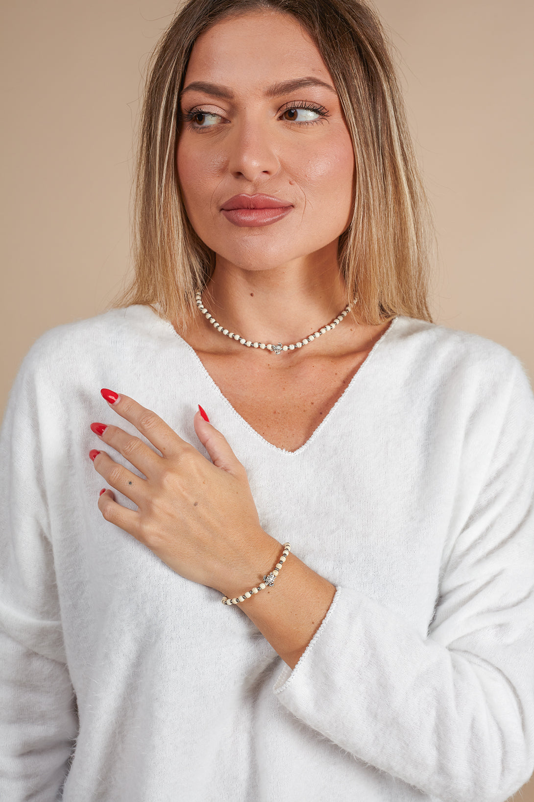 Bracciale Turtle con perline di vetro-bracciale-Bijondo-Bianco-Bijondo