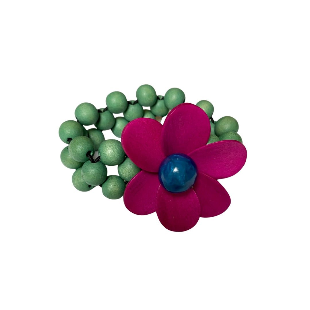 Bracciale legno elasticizzato Flower - fucsia - Bijondo