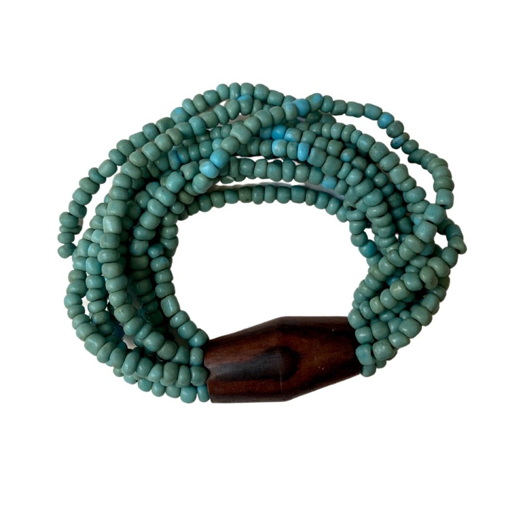 Bracciale vetro e legno, elasticizzato Laura - celeste - Bijondo