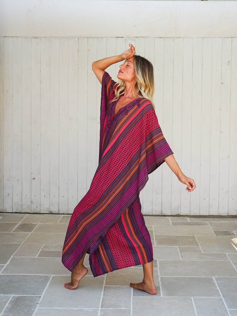 Caftano dettaglio ricamato rayon Sarita - fucsia - Bijondo