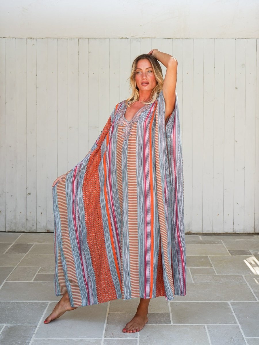 Caftano dettaglio ricamato rayon Sarita - arancione - Bijondo