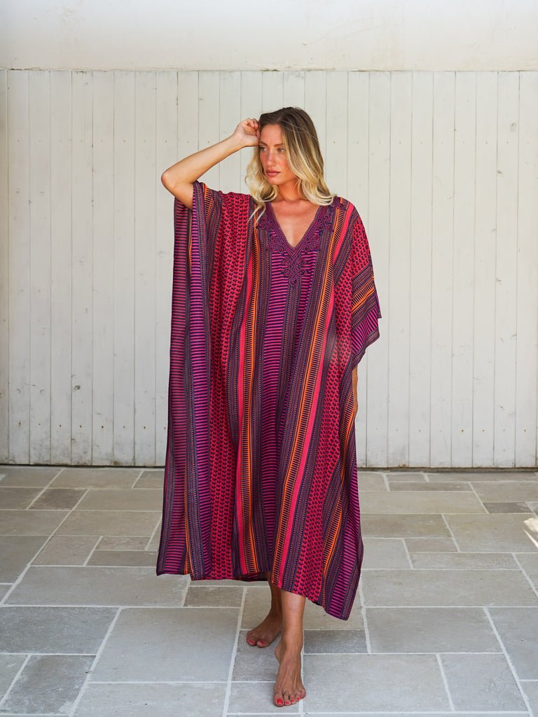 Caftano dettaglio ricamato rayon Sarita - fucsia - Bijondo