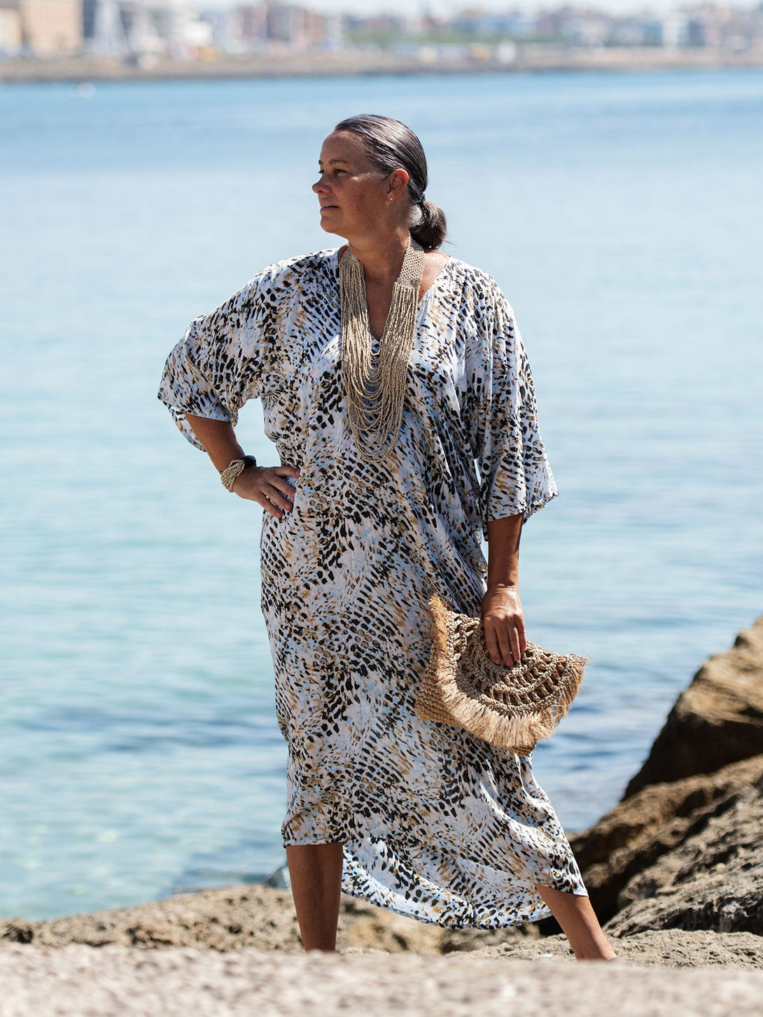 Caftano lungo scollo V rayon Grace-celeste-taglia unica-Bijondo