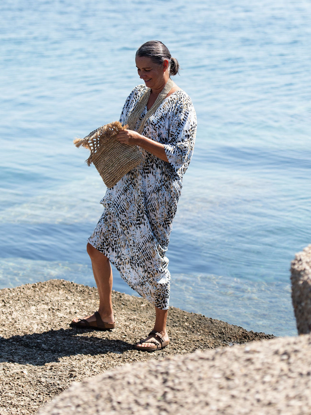 Caftano lungo scollo V rayon Grace-celeste-taglia unica-Bijondo