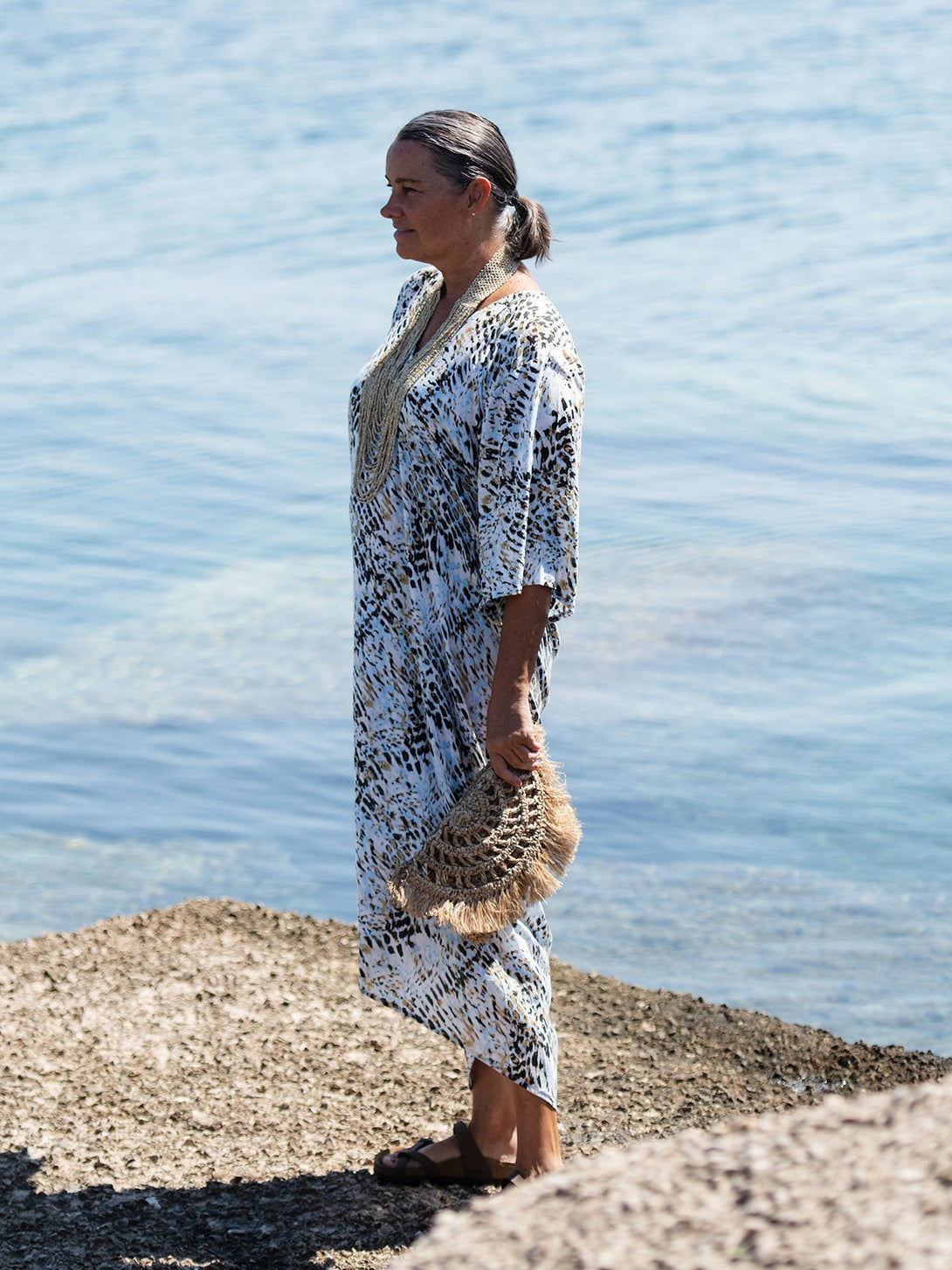 Caftano lungo scollo V rayon Grace-celeste-taglia unica-Bijondo