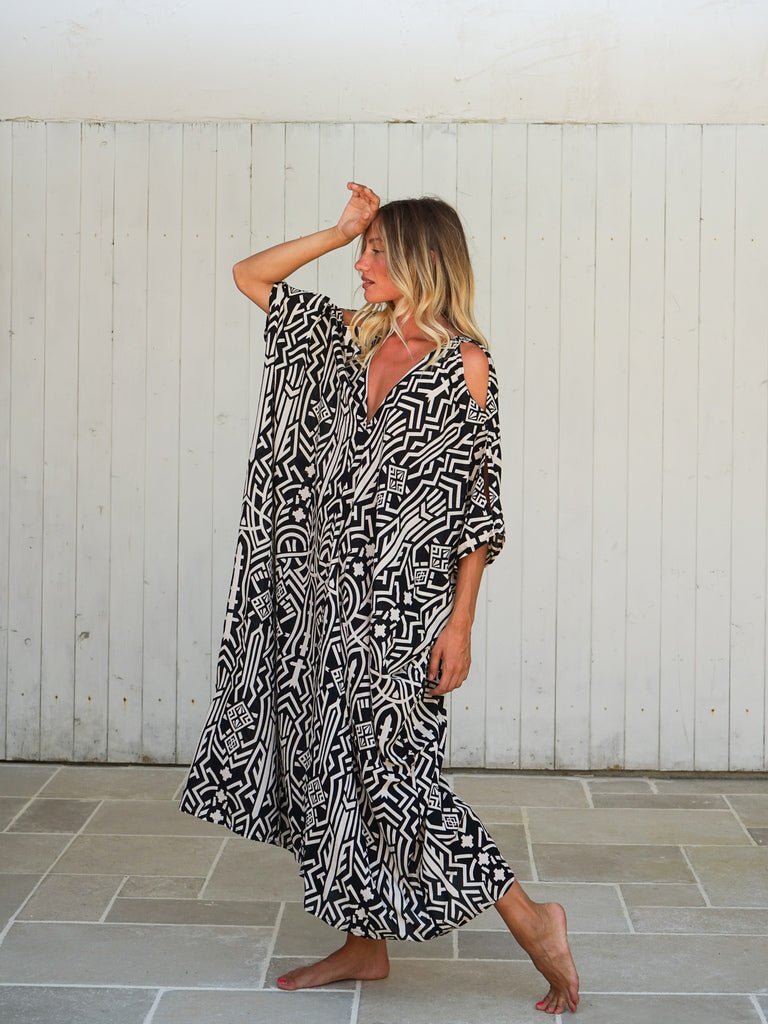 Caftano spacchi manica rayon Nelly - nero - Bijondo