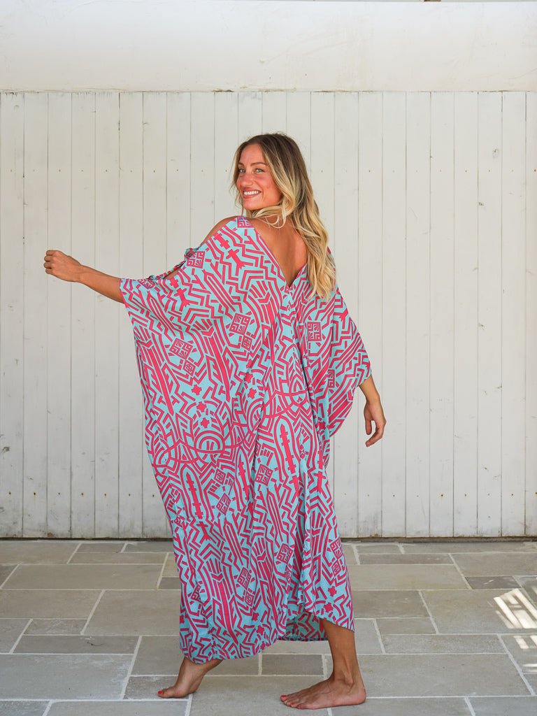 Caftano spacchi manica rayon Nelly - azzurro - Bijondo