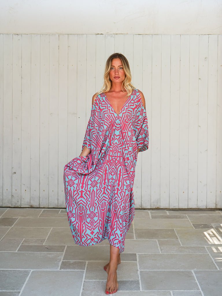 Caftano spacchi manica rayon Nelly - azzurro - Bijondo