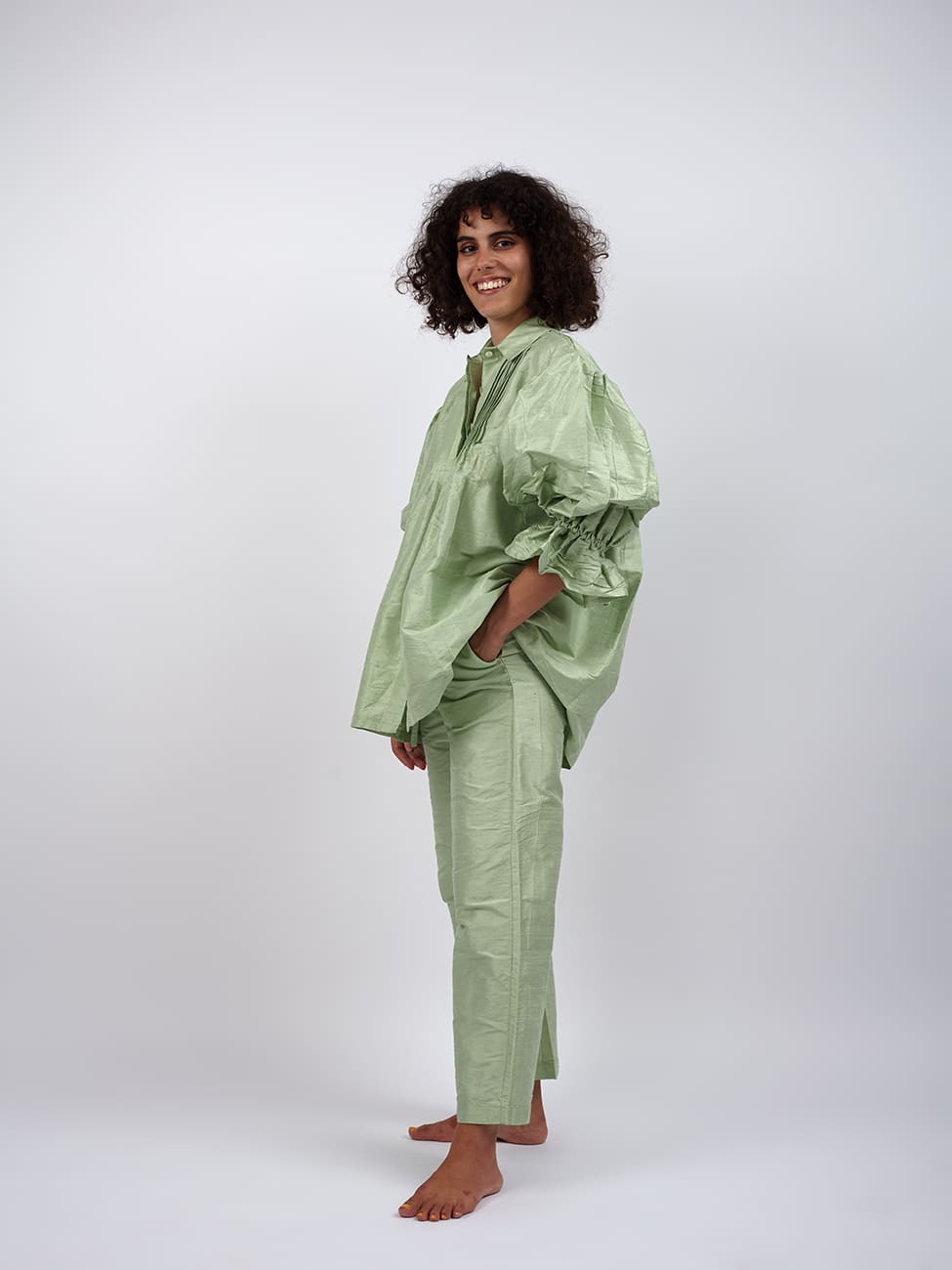 Camicia Boho Verde Seta Grezza Leela - verde - Bijondo