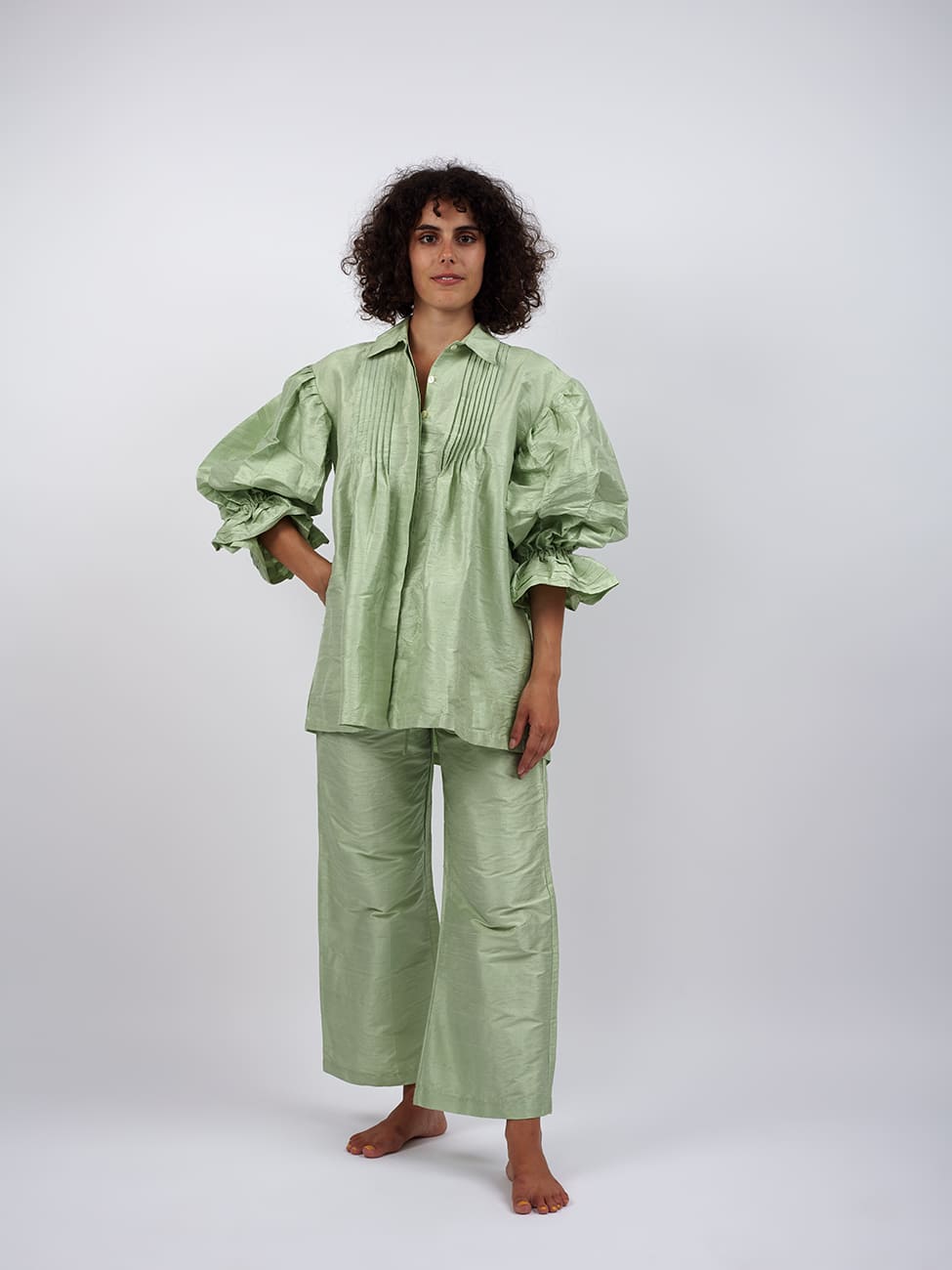 Camicia Boho Verde Seta Grezza Leela - verde - Bijondo