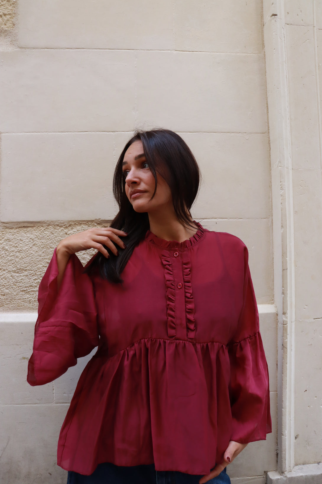 Camicia con volant e ruches Nancy-blusa-Bijondo-Vinaccia-taglia unica-Bijondo