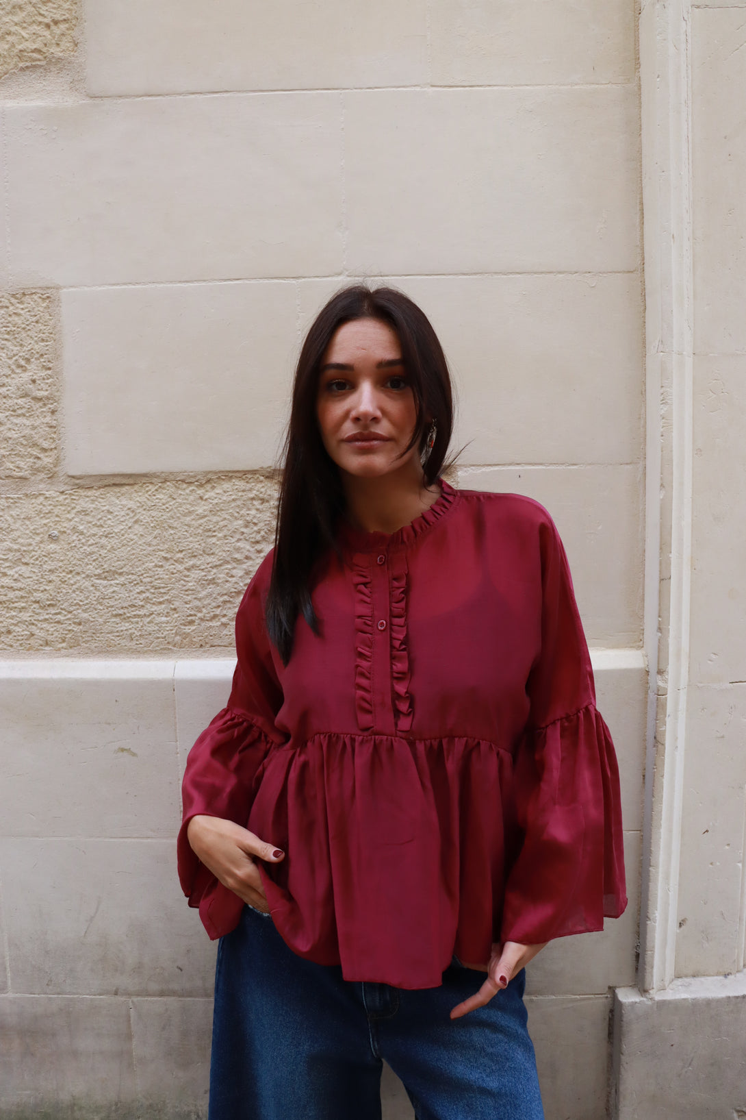 Camicia con volant e ruches Nancy-blusa-Bijondo-Bijondo