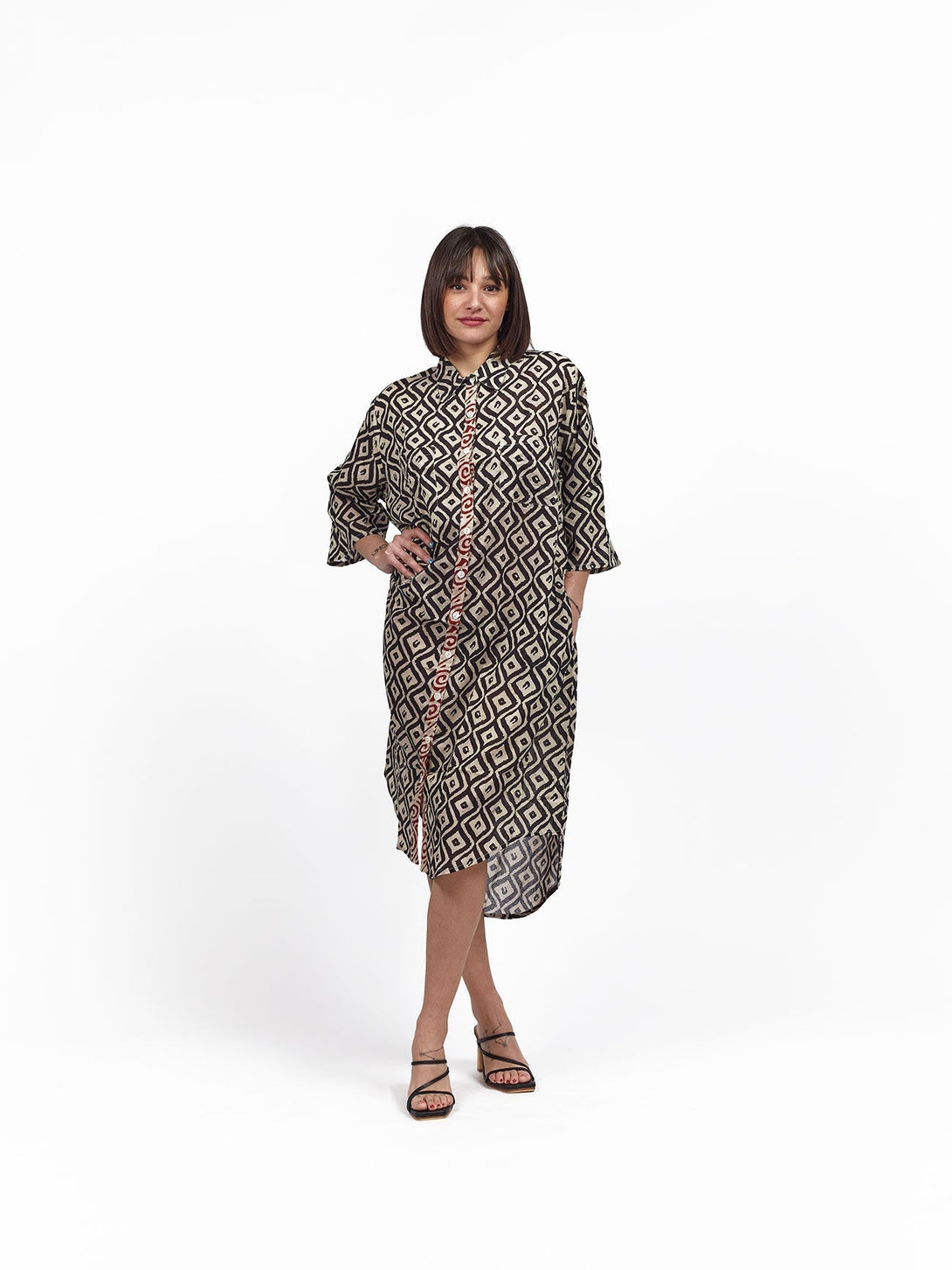 Camicione midi cotone block print Clarissa - nero - Bijondo