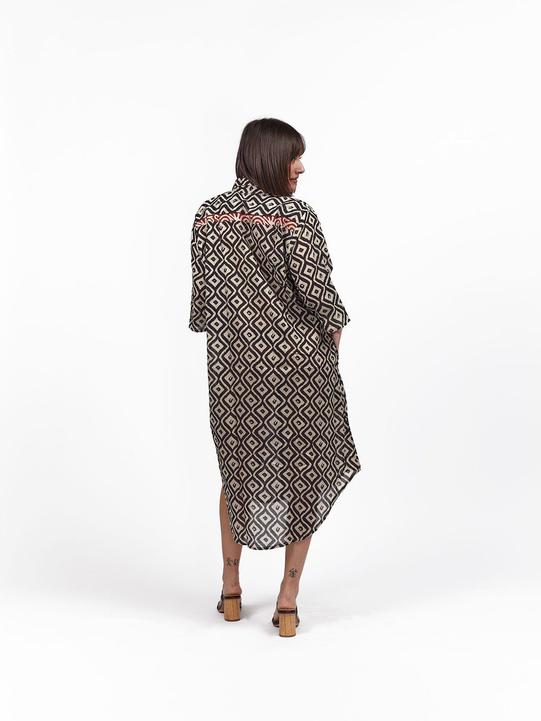 Camicione midi cotone block print Clarissa - blu - Bijondo