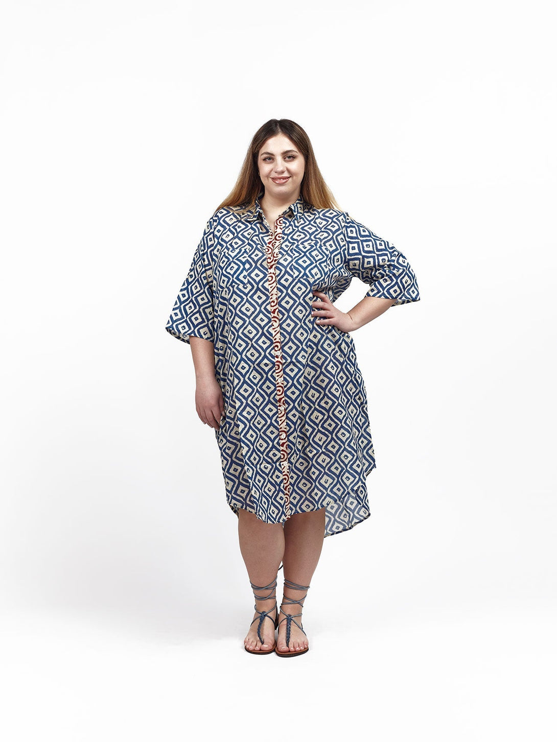 Camicione midi cotone block print Clarissa - blu - Bijondo