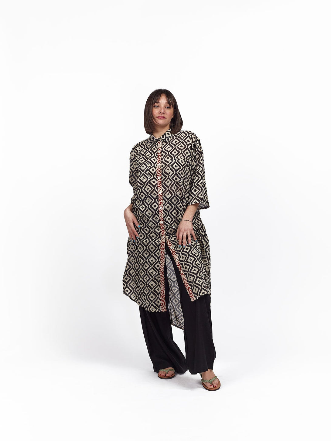 Camicione midi cotone block print Clarissa - nero - Bijondo