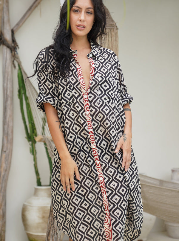 Camicione midi cotone block print Clarissa-nero-Bijondo