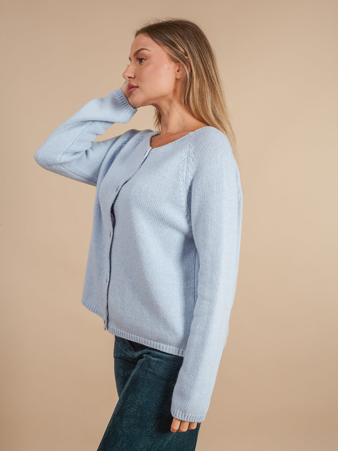 Cardigan bottoni lana e cashmere Rosmara-Maglione-Bijondo-celeste-taglia unica-Bijondo