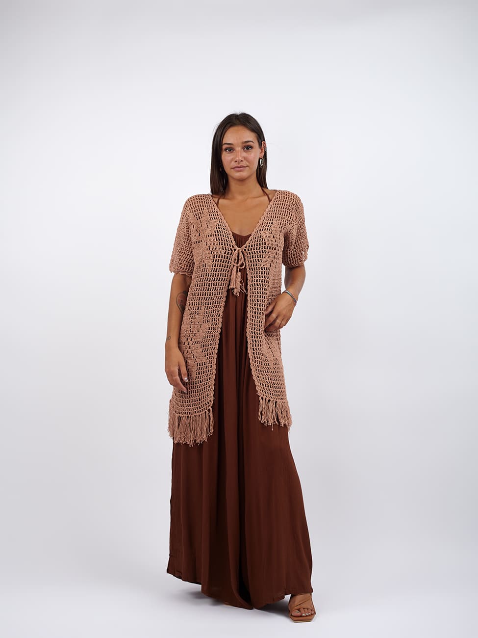 Cardigan con frange Crochet Maria - beige - Bijondo