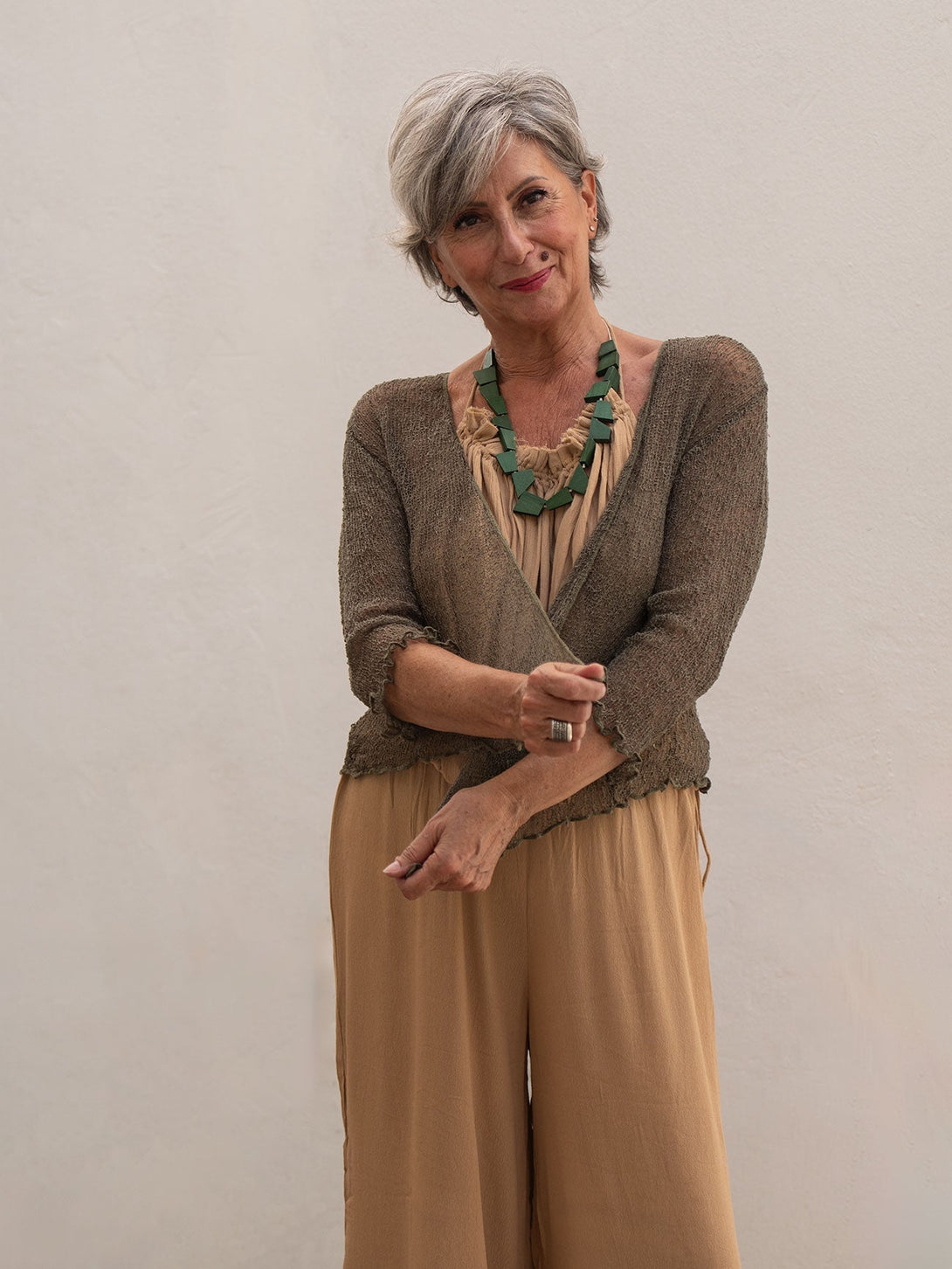 Cardigan rete corto coprispalle rayon Amelia-verde militare-taglia unica-Bijondo