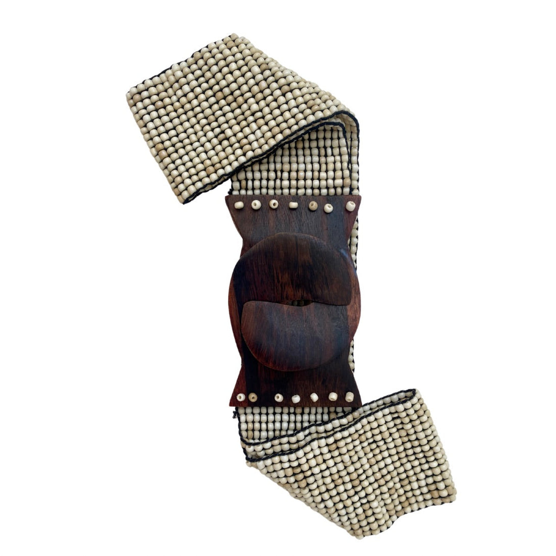 Cintura elastica realizzato a mano da Bali con perline di vetro e legno Emma-beige-Bijondo