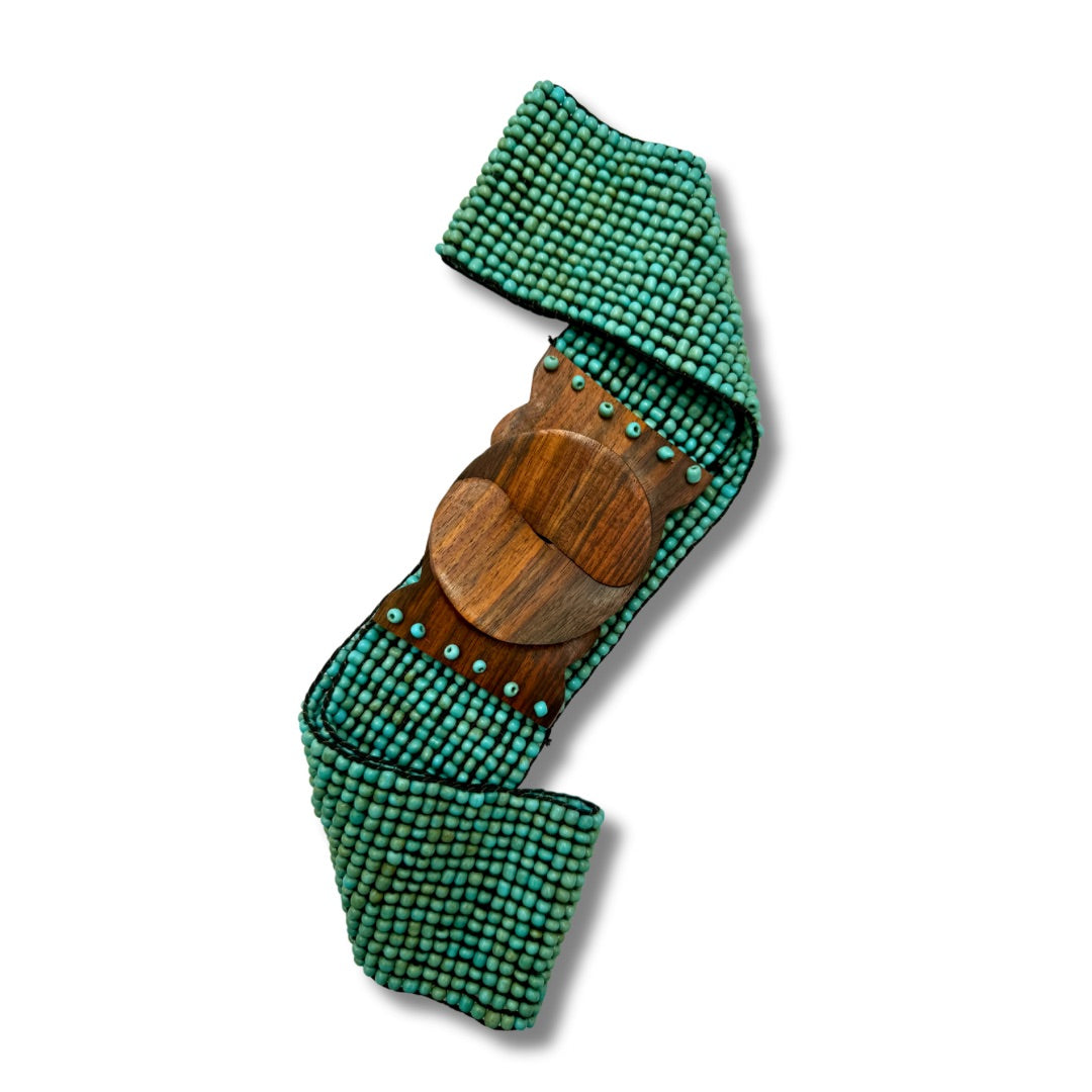 Cintura elastica realizzata a mano da Bali con perline di vetro e legno Emma-cintura-Bijondo-celeste-Bijondo