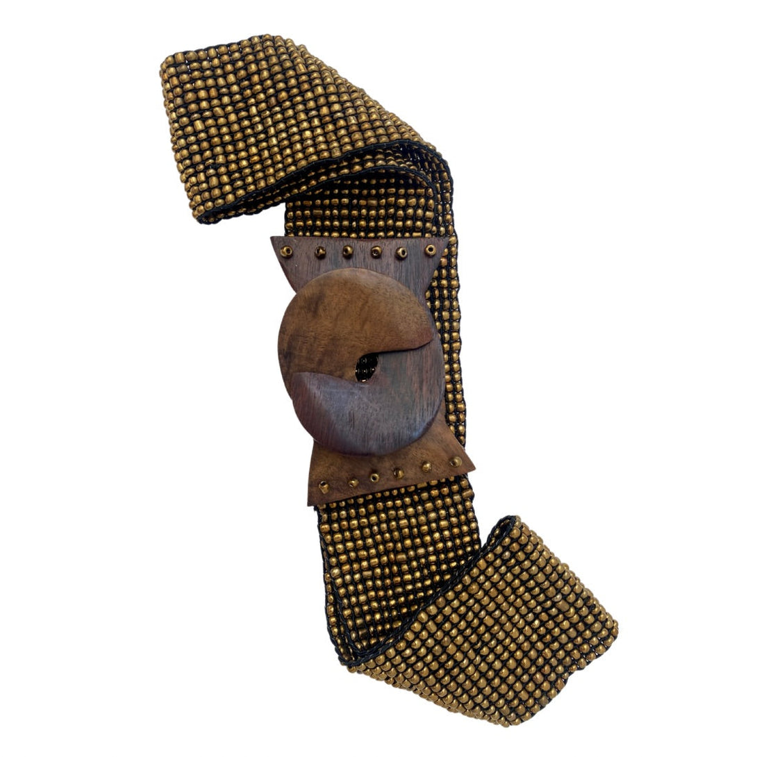 Cintura elastica realizzato a mano da Bali con perline di vetro e legno Emma-oro-Bijondo