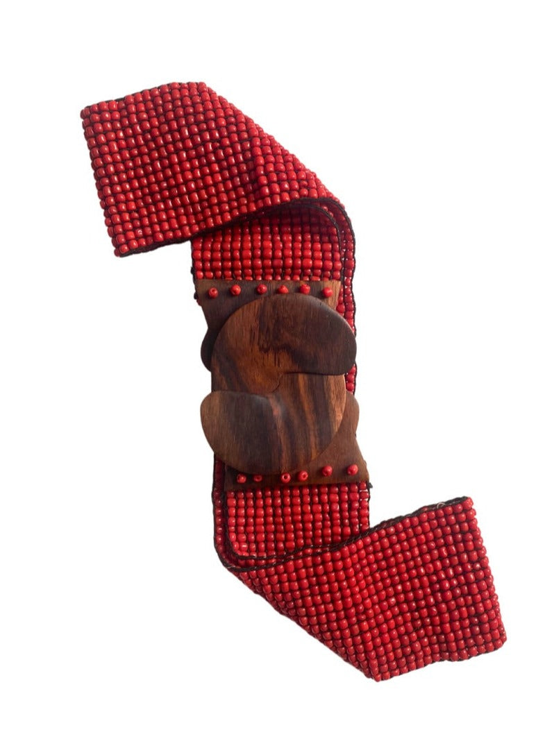 Cintura elastica realizzata a mano da Bali con perline di vetro e legno Emma-cintura-Bijondo-rosso-Bijondo