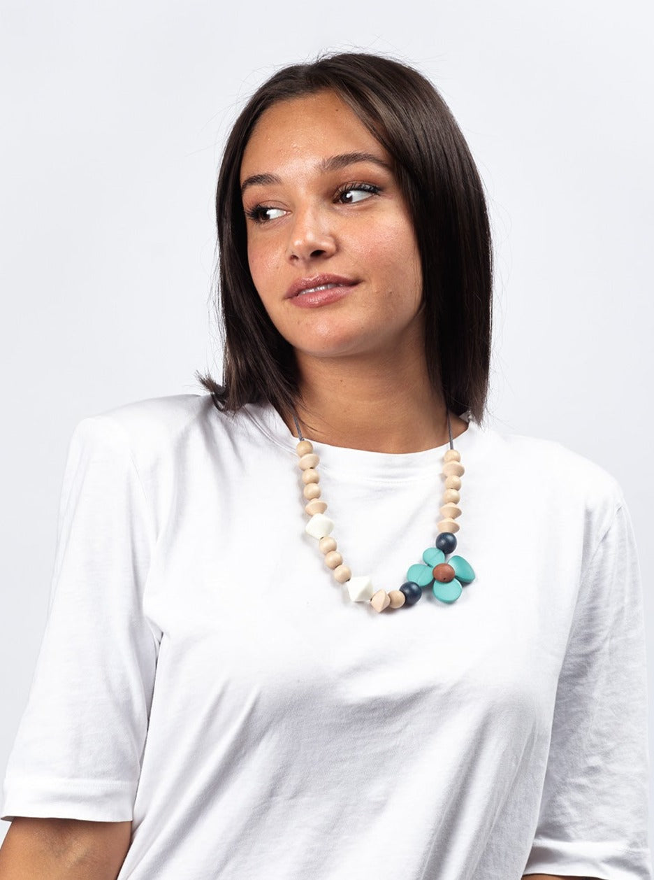 Collana legno Flower Power-turchese-Bijondo