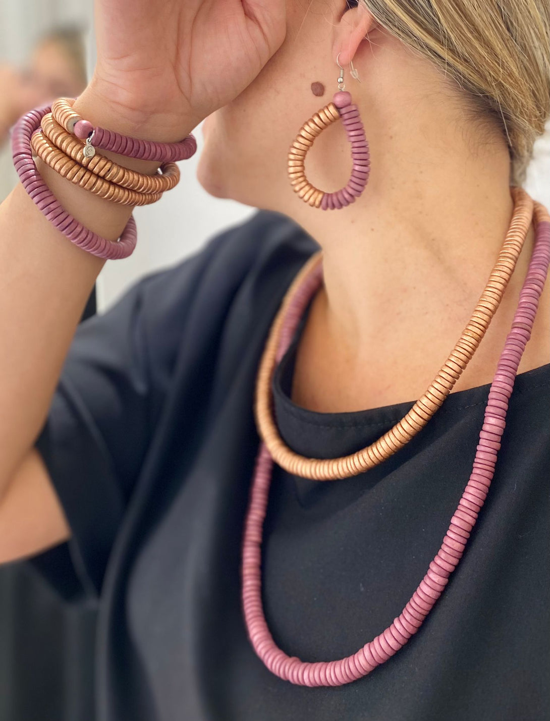 Collana legno Rory metallic mix-fucsia-Bijondo