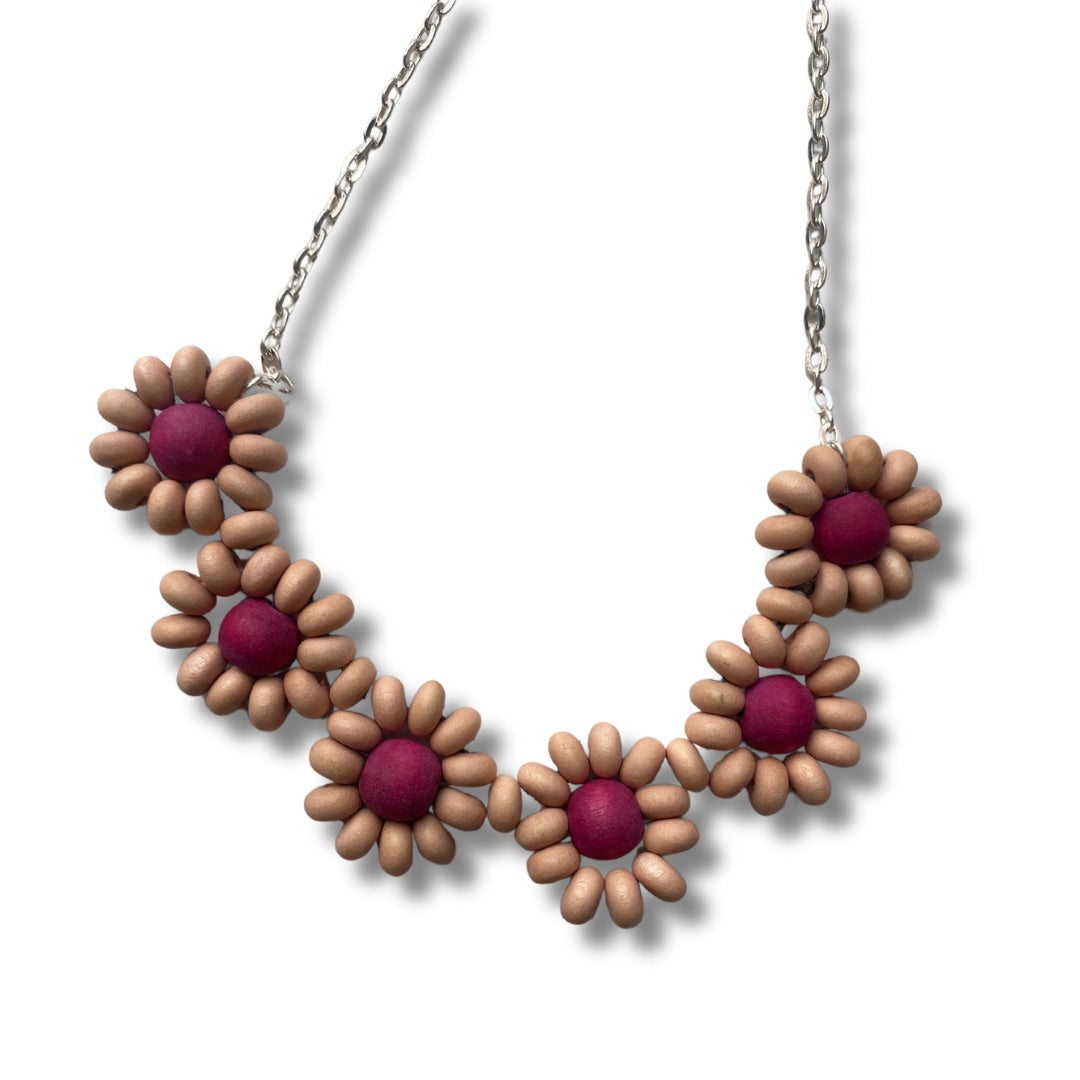 Collana legno corta regolabile Fiorellini-fucsia-Bijondo