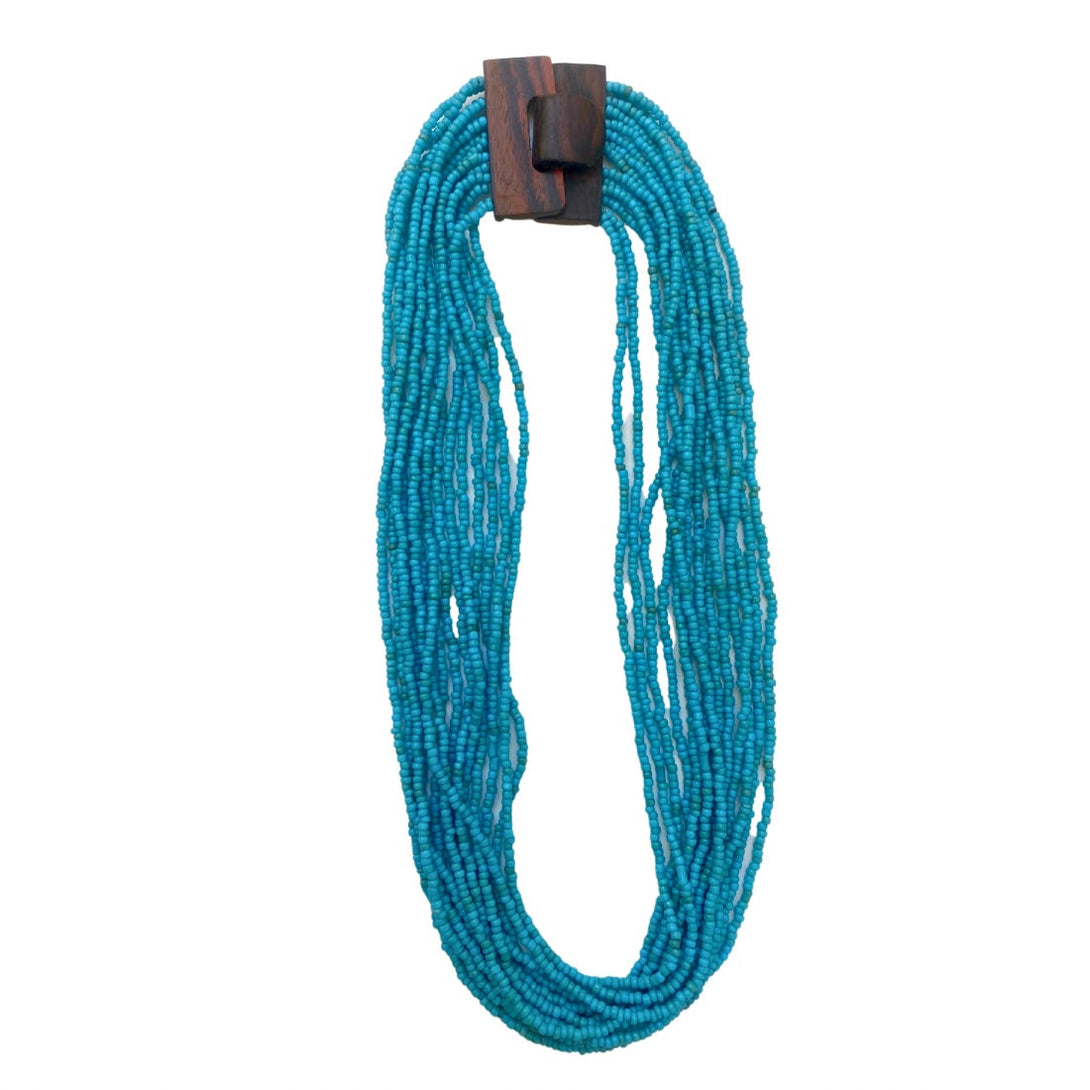 Collana perline di vetro e legno Fibbia-celeste-Bijondo