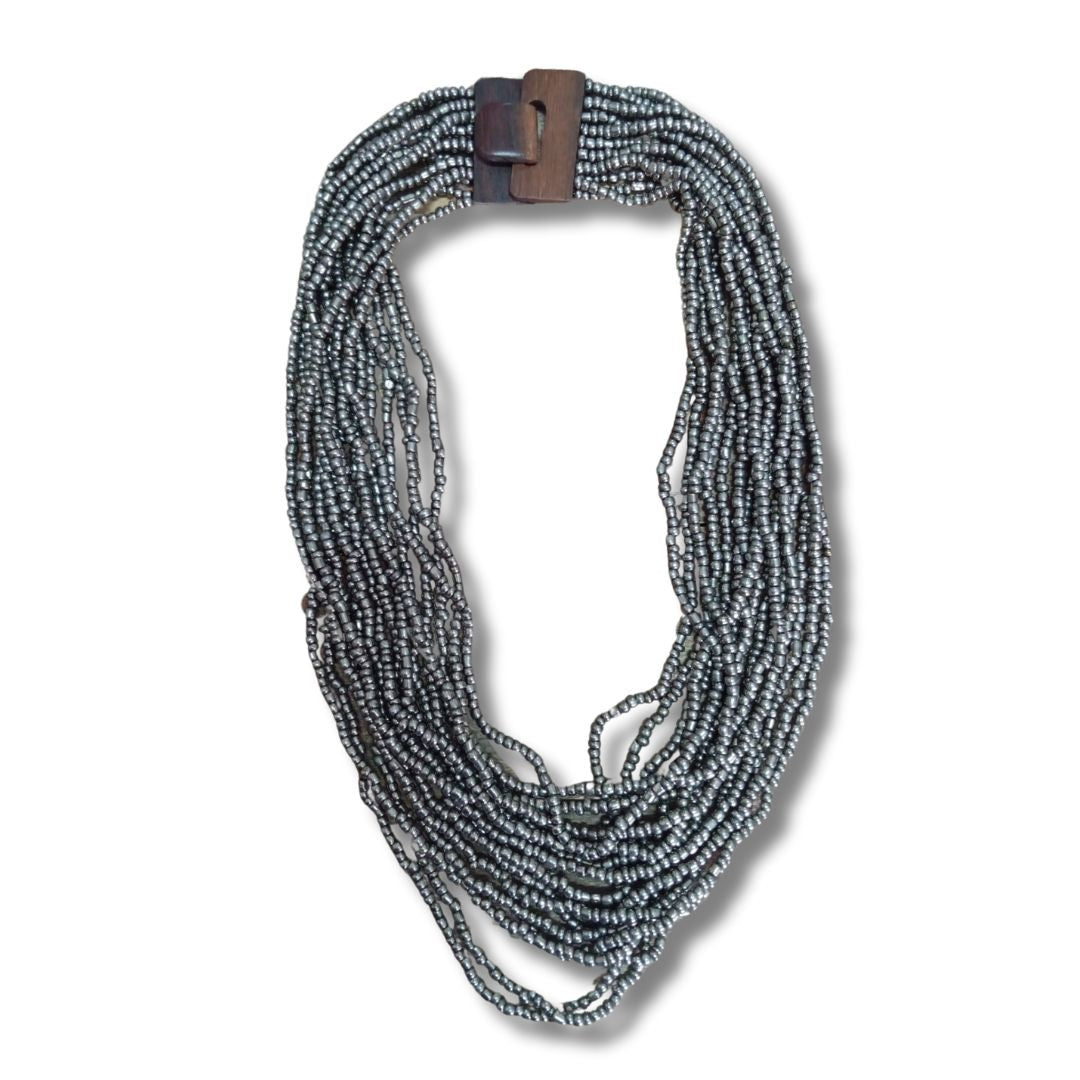Collana perline di vetro e legno Fibbia Big-collana-Sainol-Argento-Bijondo